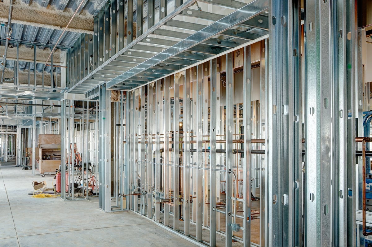 Metal stud partition framing under construction, Hertfordshire.